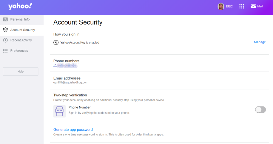 Yahoo Account Key or 2-Step Verification