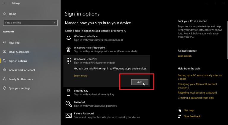 Select Windows Hello PIN