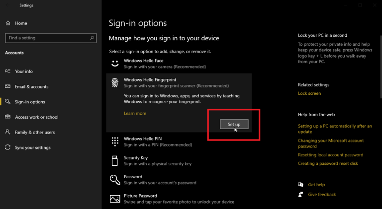 Click the setting for Windows Hello Fingerprint