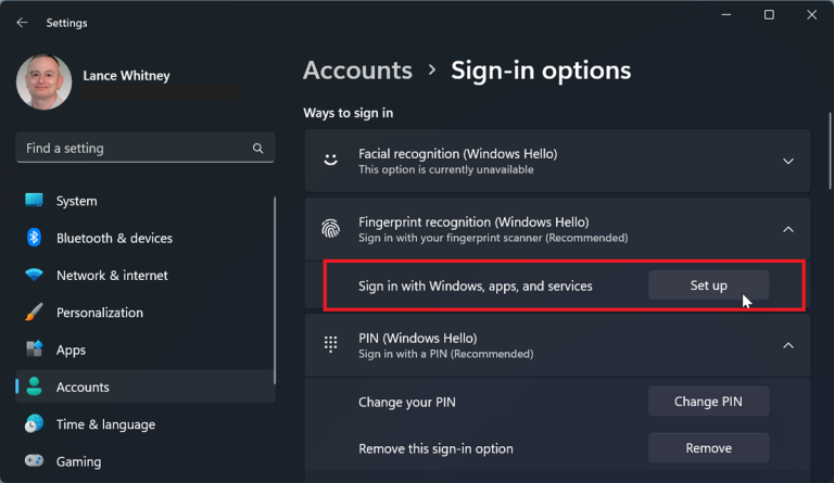 Click the setting for Fingerprint recognition (Windows Hello)