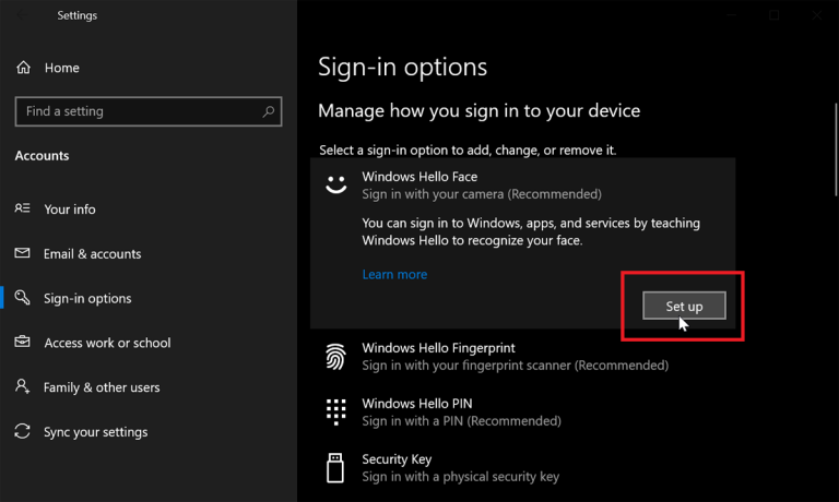 Click the setting for Windows Hello Face