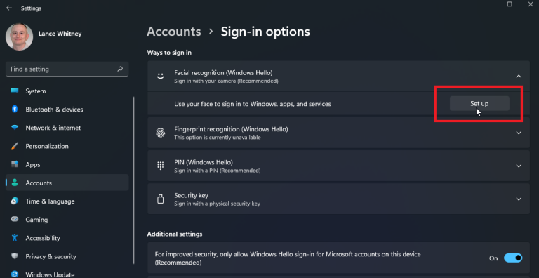 Click the setting for Facial Recognition (Windows Hello)